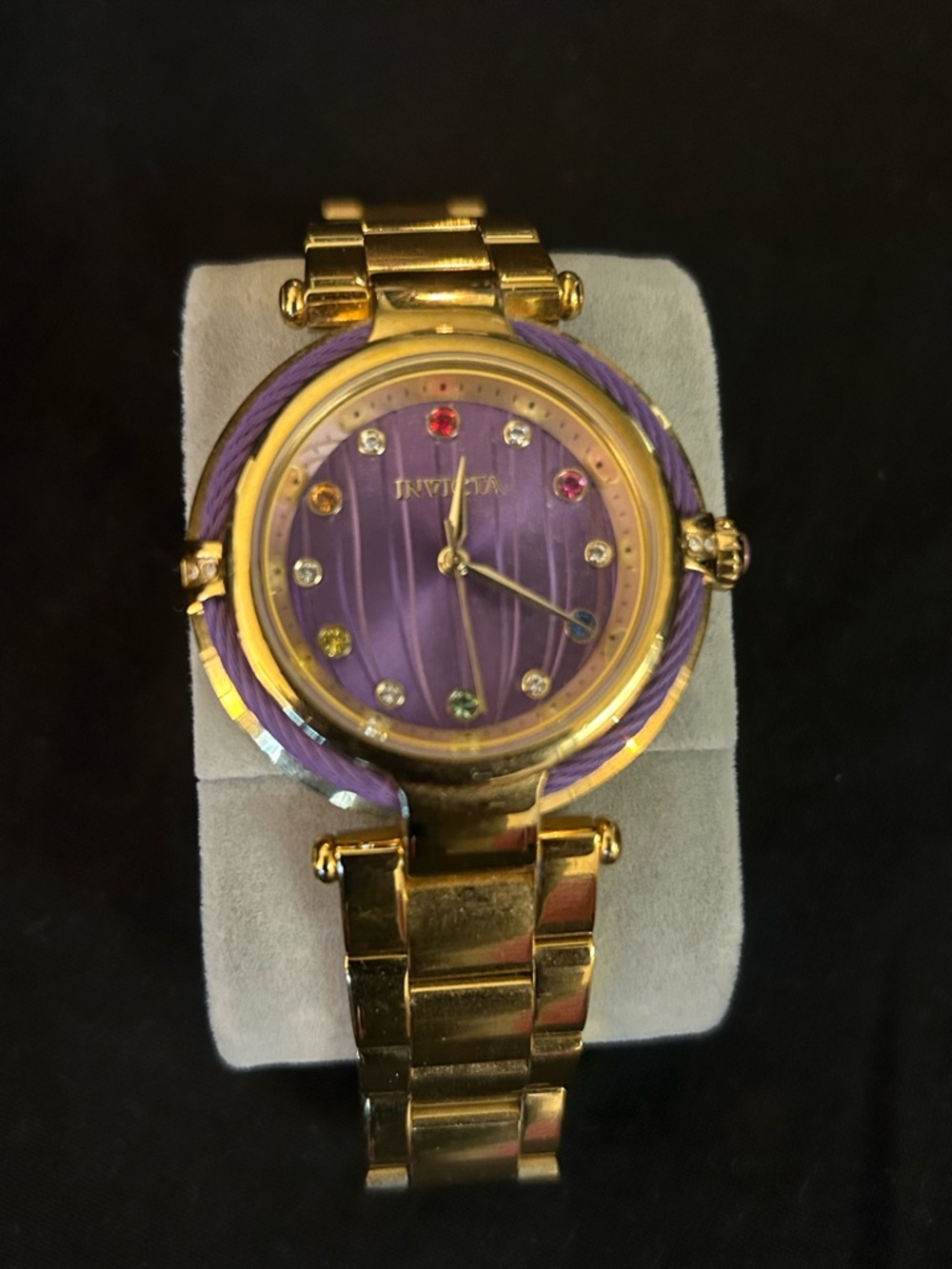 Invicta Gold and Purple Dial Watch with Multicolored Crystal Markers